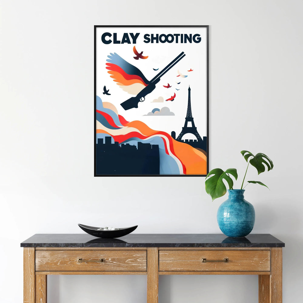 Poster showing ball-trap shooter illustration in dynamic vintage style, Paris