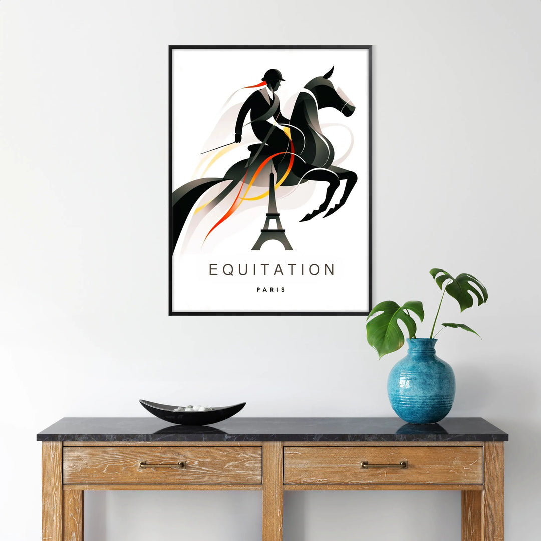 A dynamic horse in motion against a backdrop of Paris landmarks - in a black frame