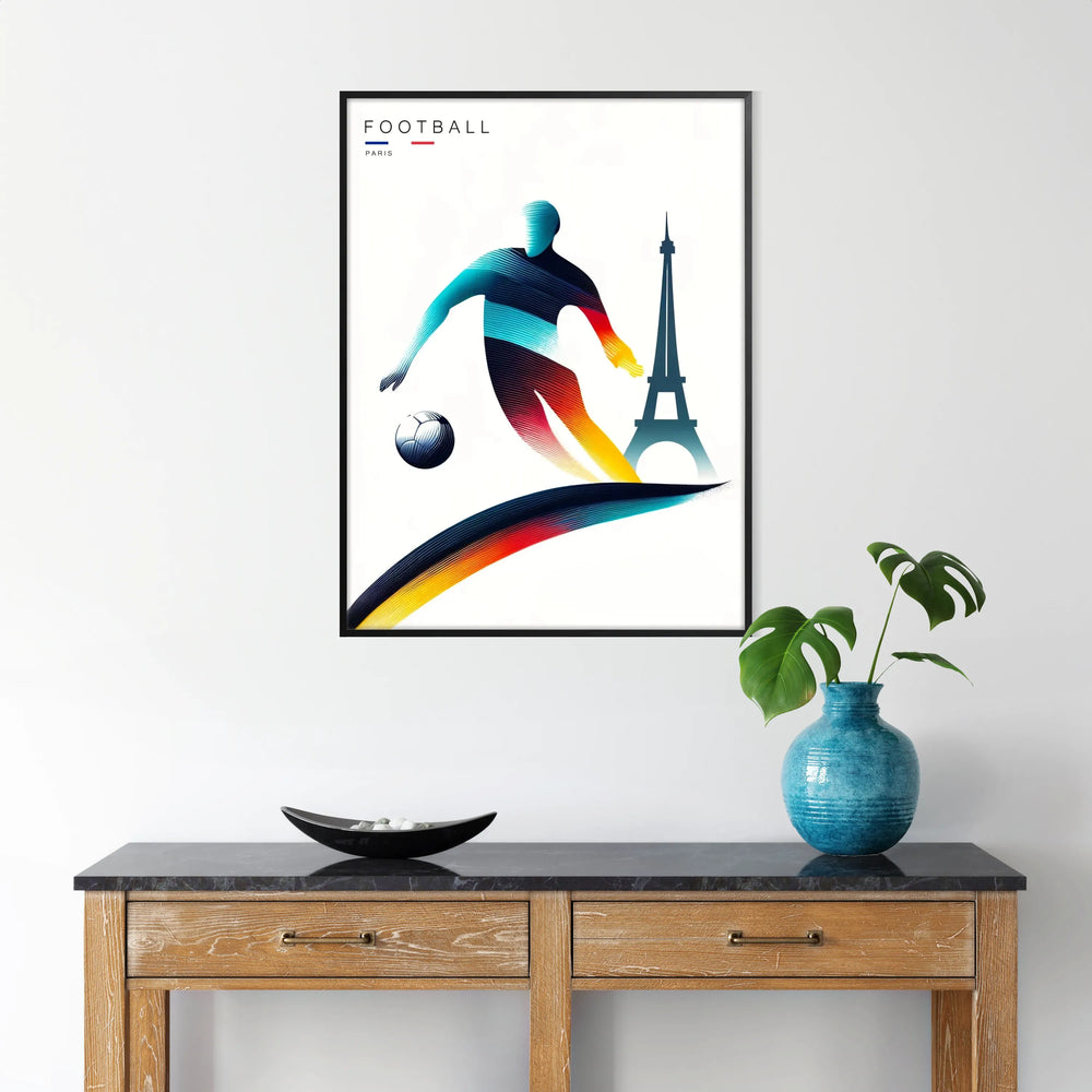 A football player in action during the Paris Olympics, bold colors.