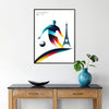 A football player in action during the Paris Olympics, bold colors. - in a black frame