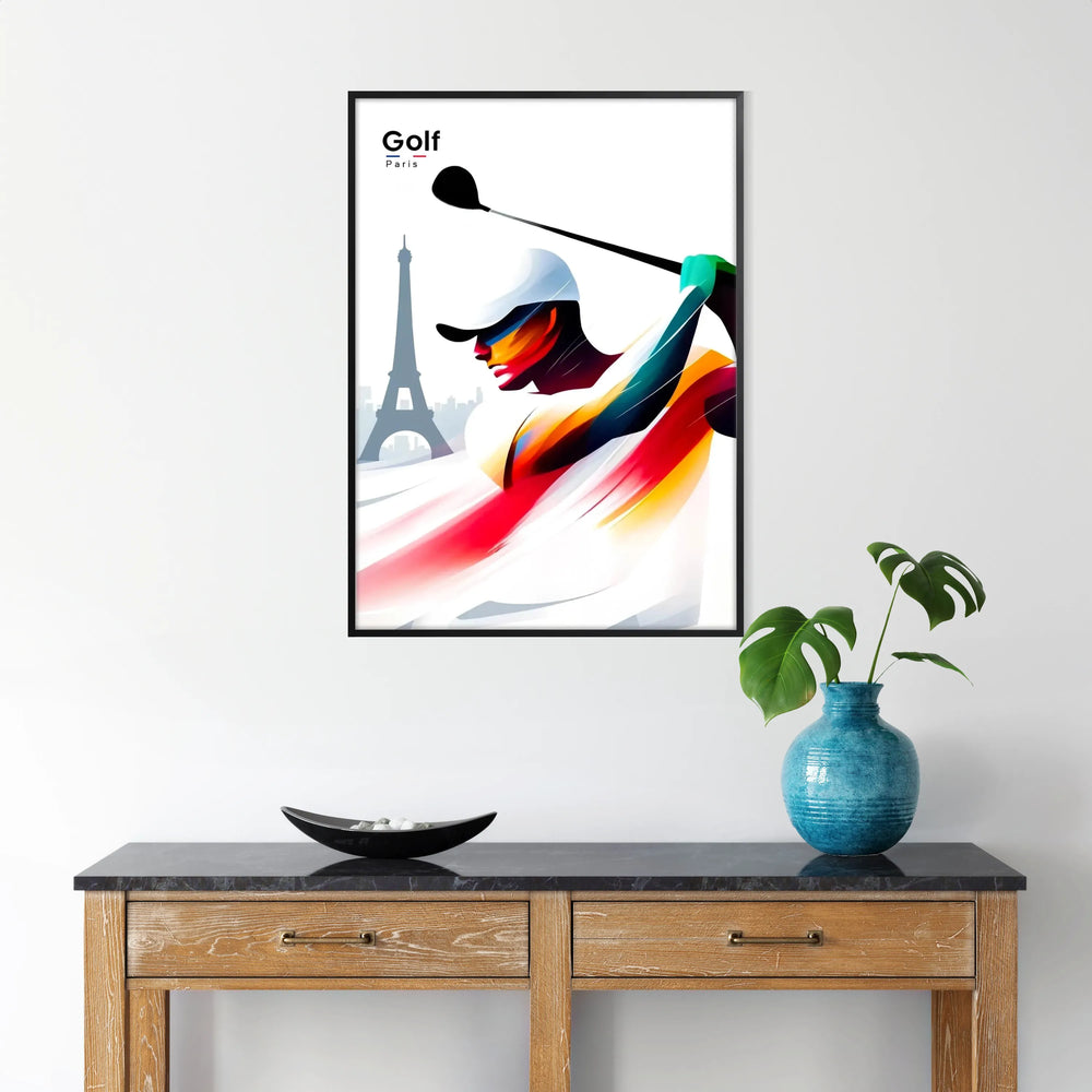 Golf players in action against a backdrop of the Eiffel Tower