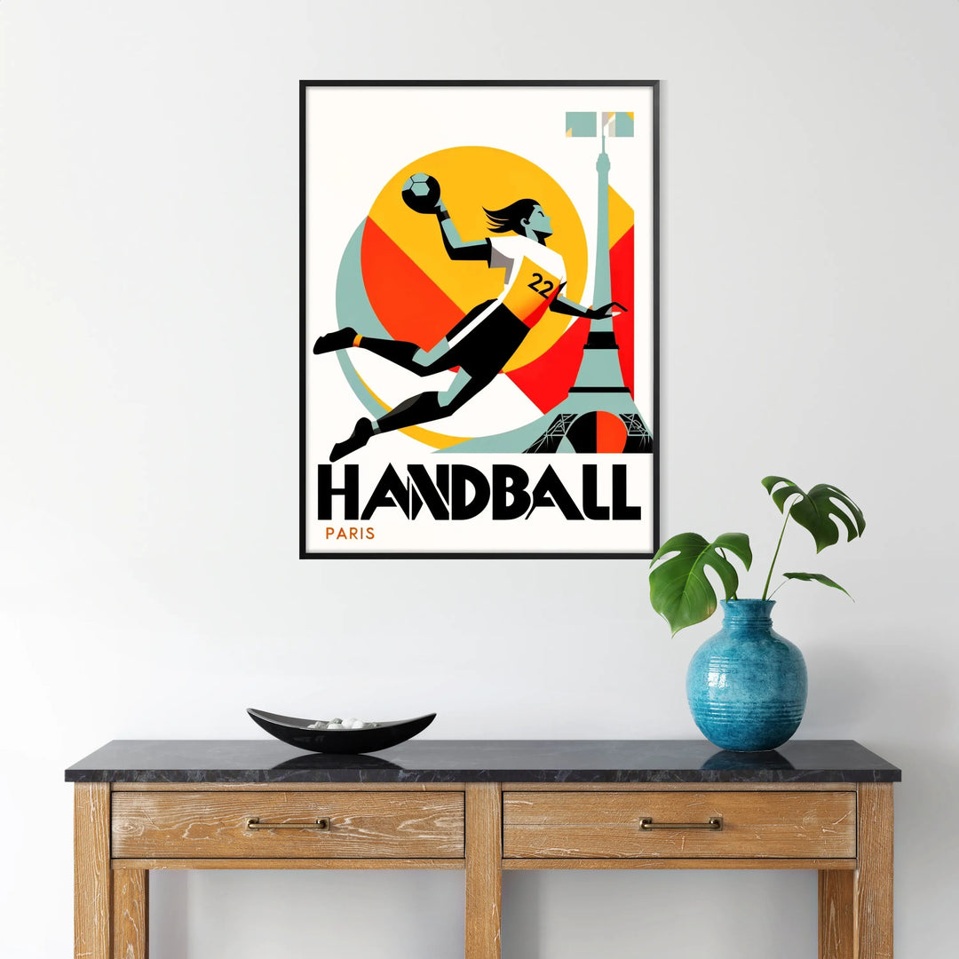 Dynamic handball player in action with Paris skyline backdrop - in a black frame