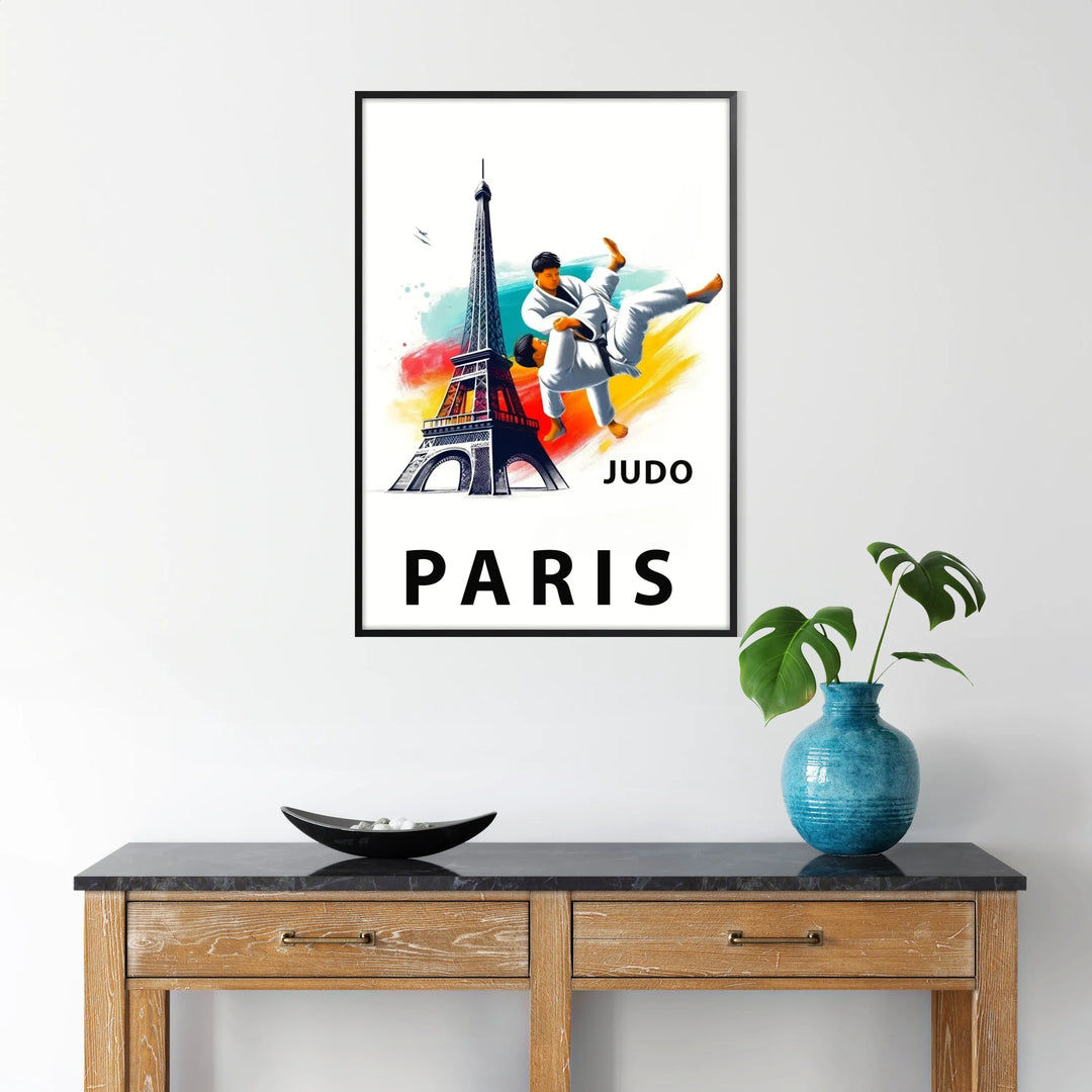 Dynamic judo athletes in action during the Paris Olympics, with bold colors - in a black frame
