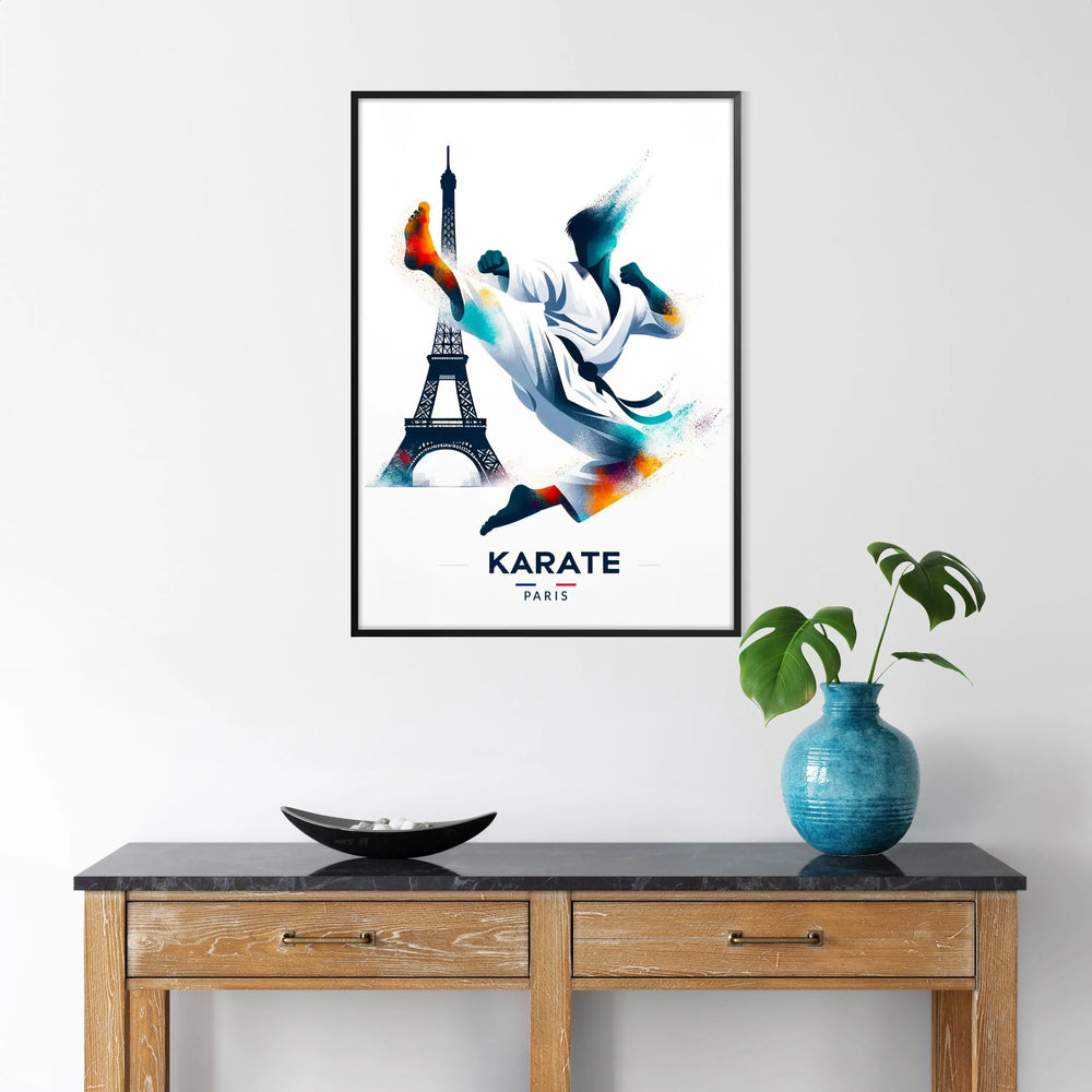 Dynamic karate athlete in action against a Paris skyline backdrop