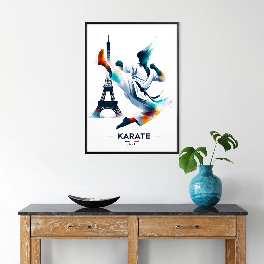 Dynamic karate athlete in action against a Paris skyline backdrop - in a black frame