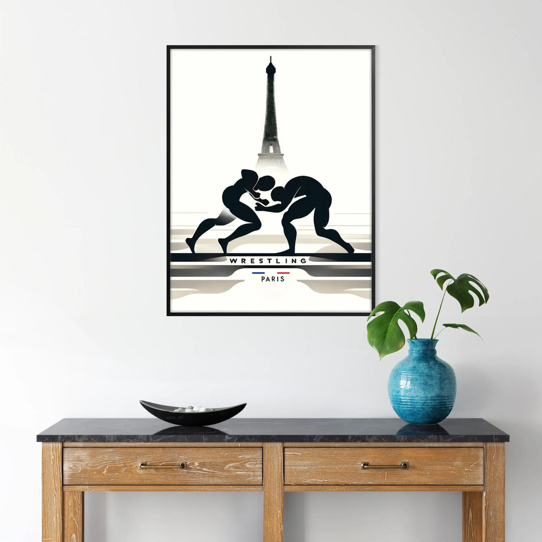 Dynamic wrestling scene with athletes in action during the 2024 Paris Olympics - in a black frame