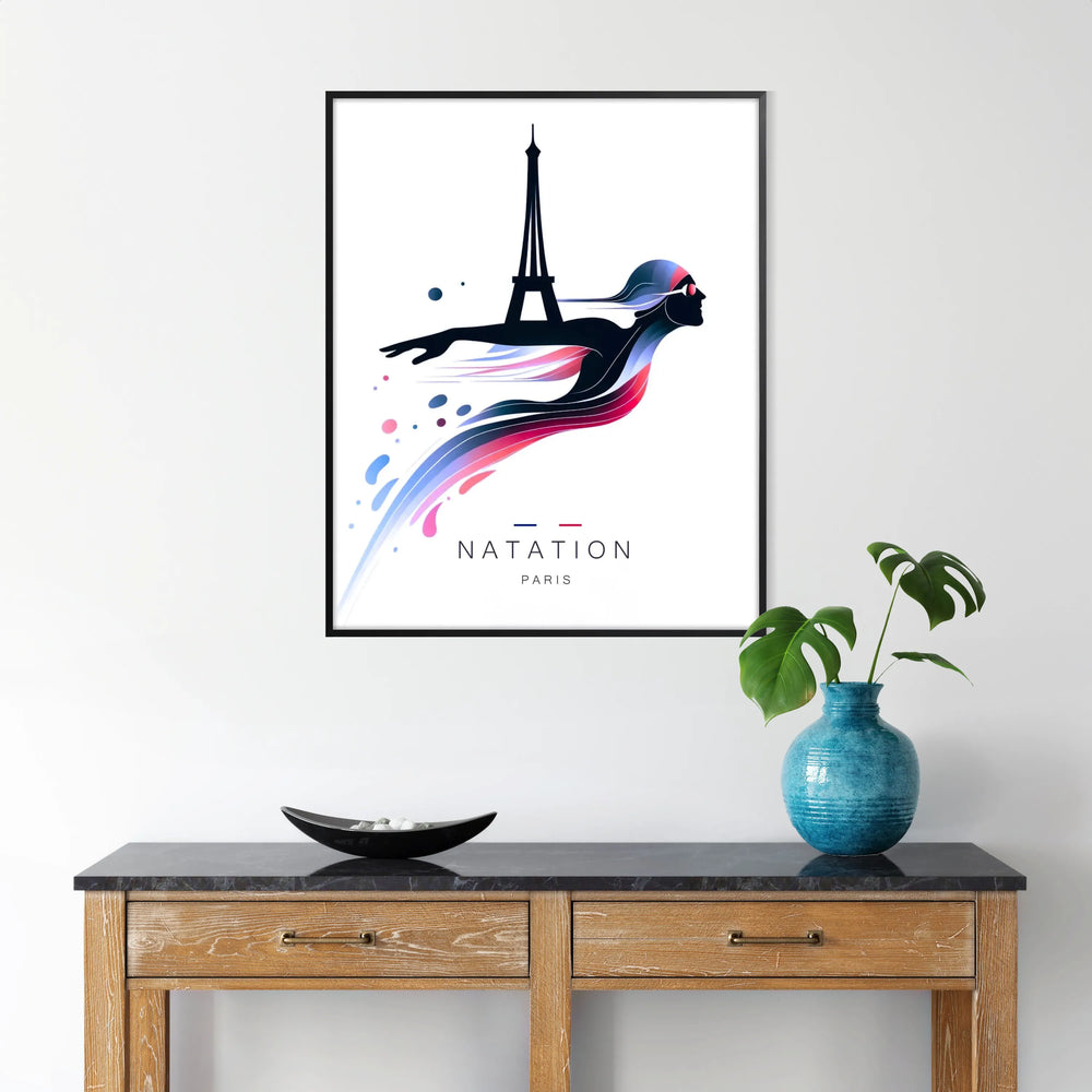 A dynamic swimming scene featuring athletes competing at the Paris Olympics, with blue and green tones.