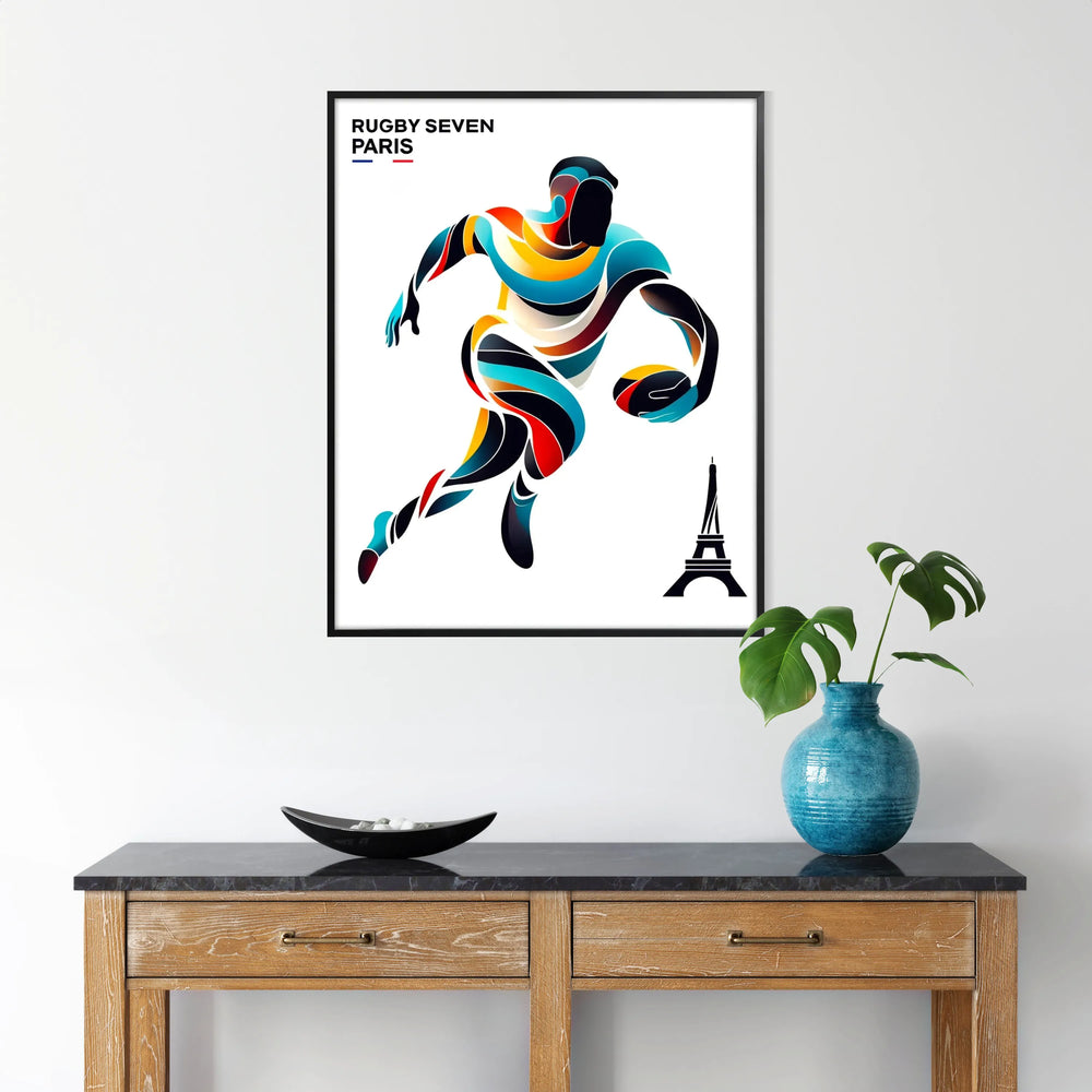 Dynamic rugby players in action during the Paris Olympics, bold colors