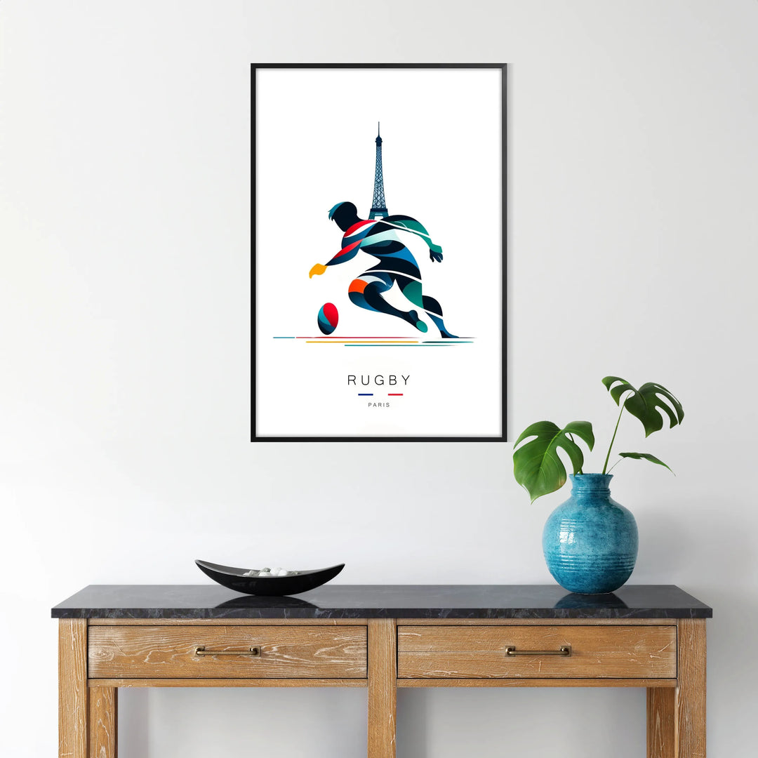 Rugby players in action during the Paris 2024 Olympics, dynamic composition - in a black frame