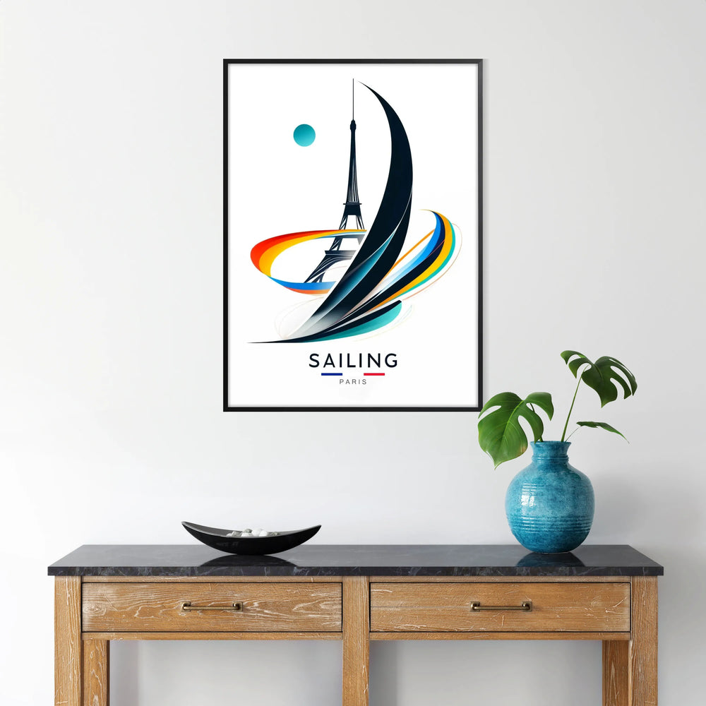 Sailing scene with the Eiffel Tower in the background, colorful and dynamic