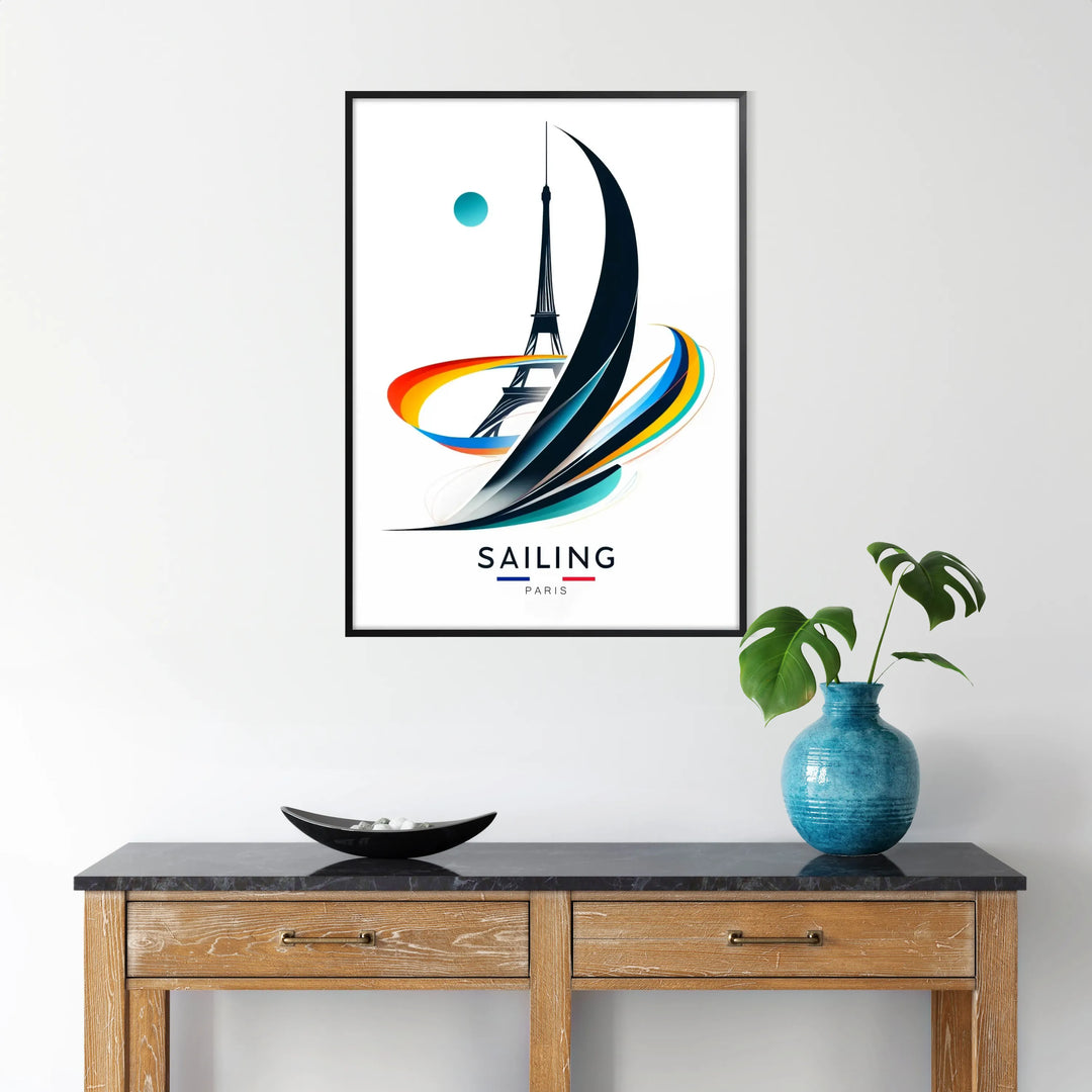 Sailing scene with the Eiffel Tower in the background, colorful and dynamic - in a black frame
