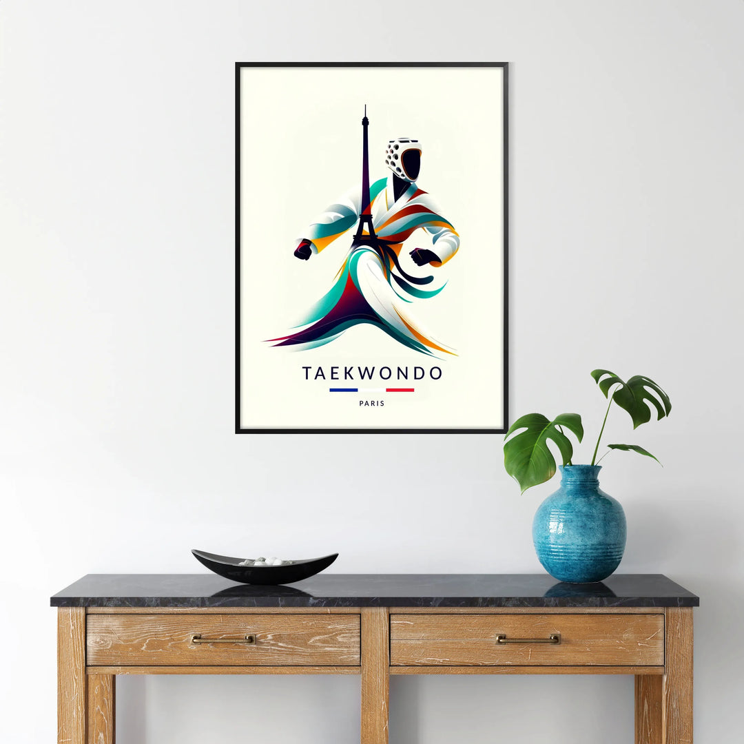 Dynamic taekwondo figure in action against a colorful Paris backdrop - in a black frame