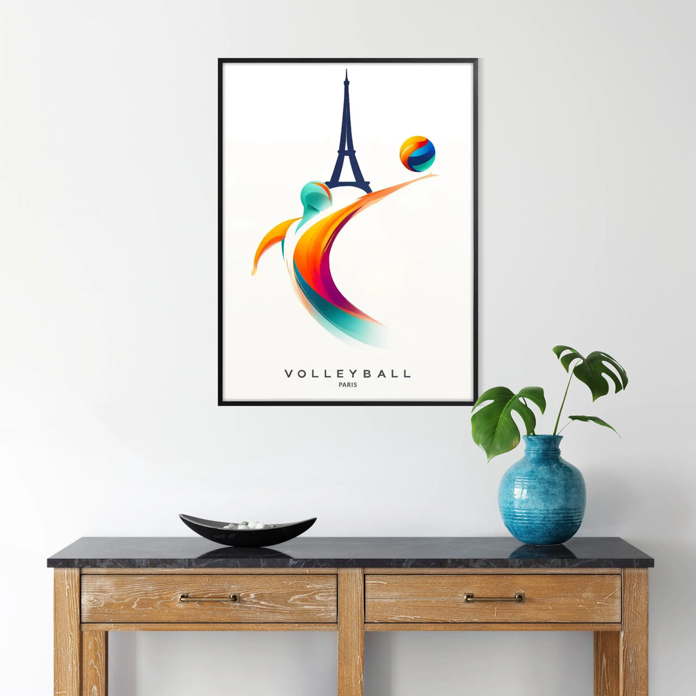 Dynamic volleyball player in action against a Paris skyline backdrop