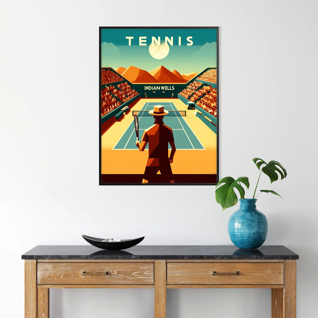 Action-packed tennis match at Indian Wells, featuring players in motion with a blue court. - in a black frame