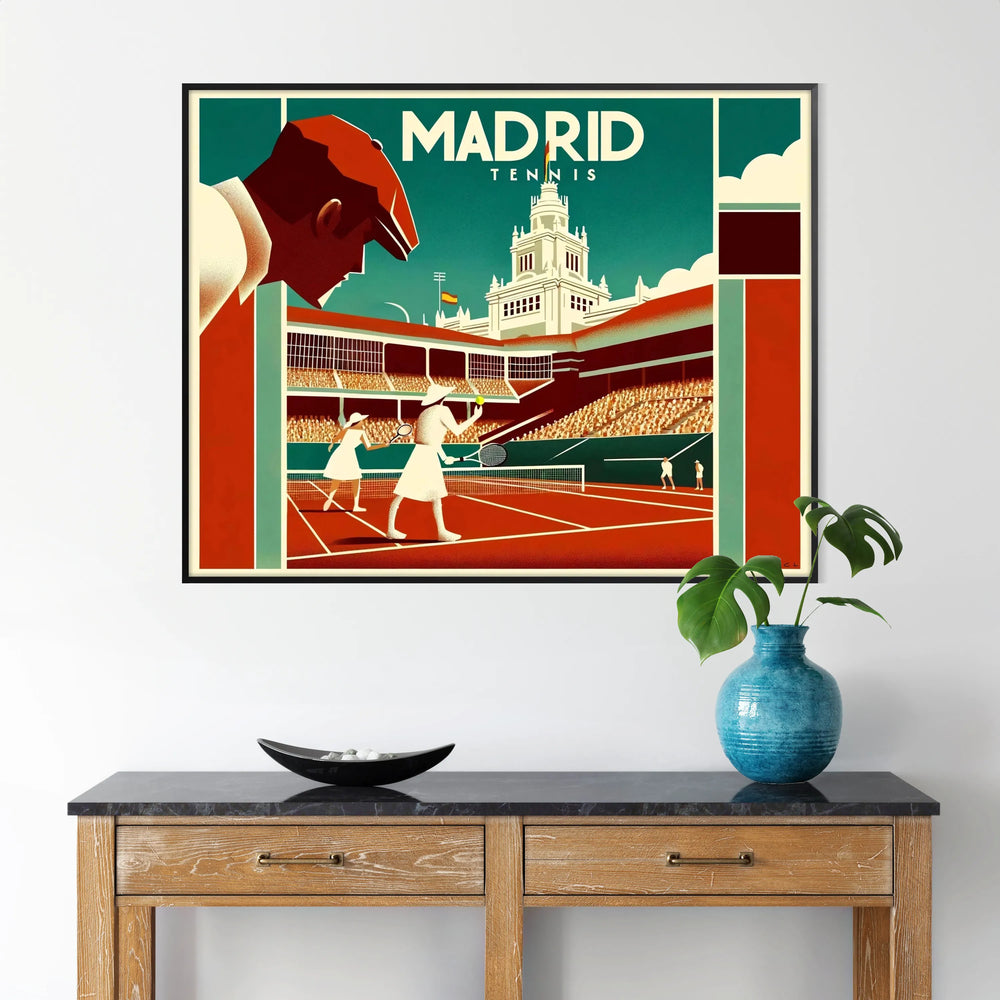 Illustration of tennis players in action against a backdrop of Madrid's skyline