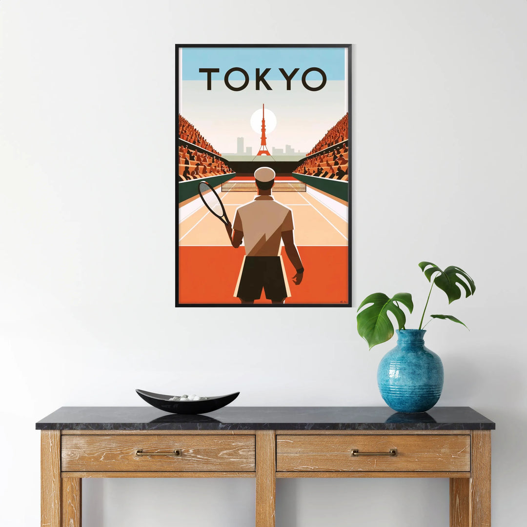 Ilustración Art Deco de jugadores de tenis en Tokio - en un marco negro