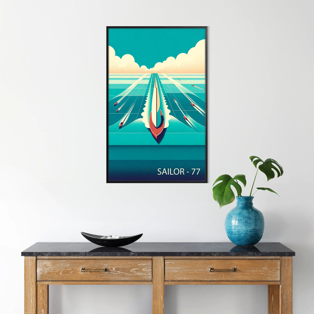 A serene ocean scene featuring sailboats under a blue sky with orange hues. - in a black frame