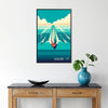 A serene ocean scene featuring sailboats under a blue sky with orange hues. - in a black frame