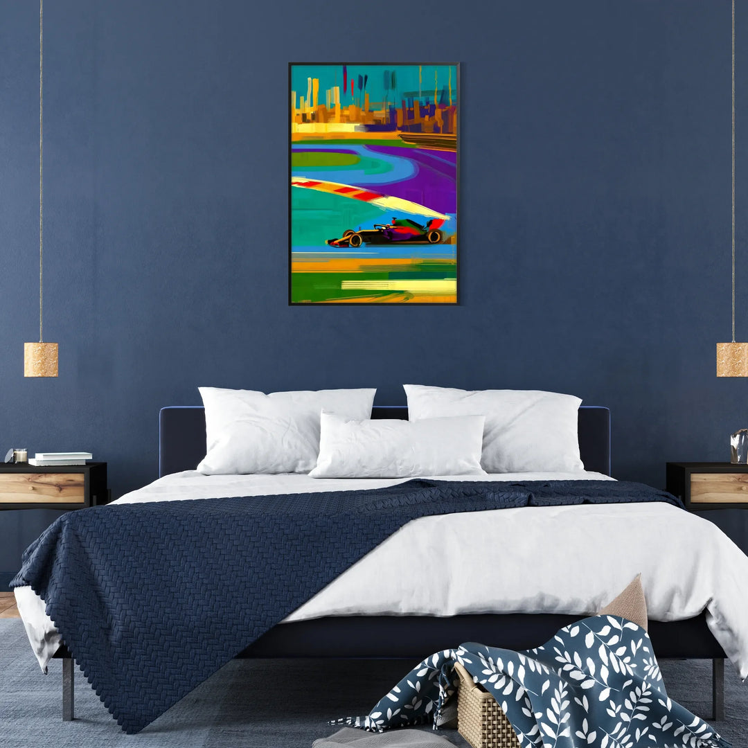 Dynamic Formula 1 car in motion with orange and purple colors - in a black frame