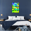 A dynamic golf scene featuring a golfer in mid-swing, with green grass and blue sky. - in a black frame