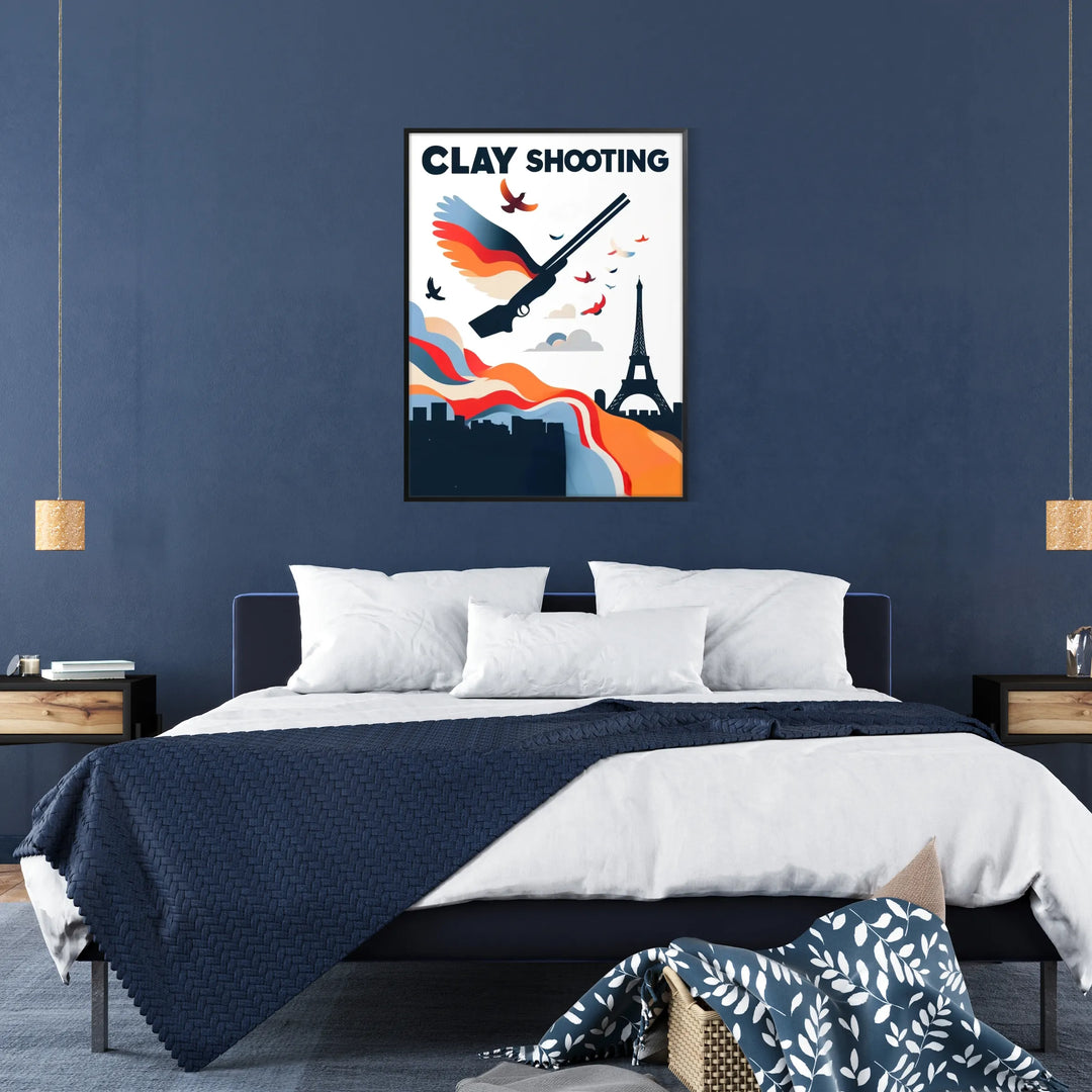 Poster showing ball-trap shooter illustration in dynamic vintage style, Paris - in a black frame