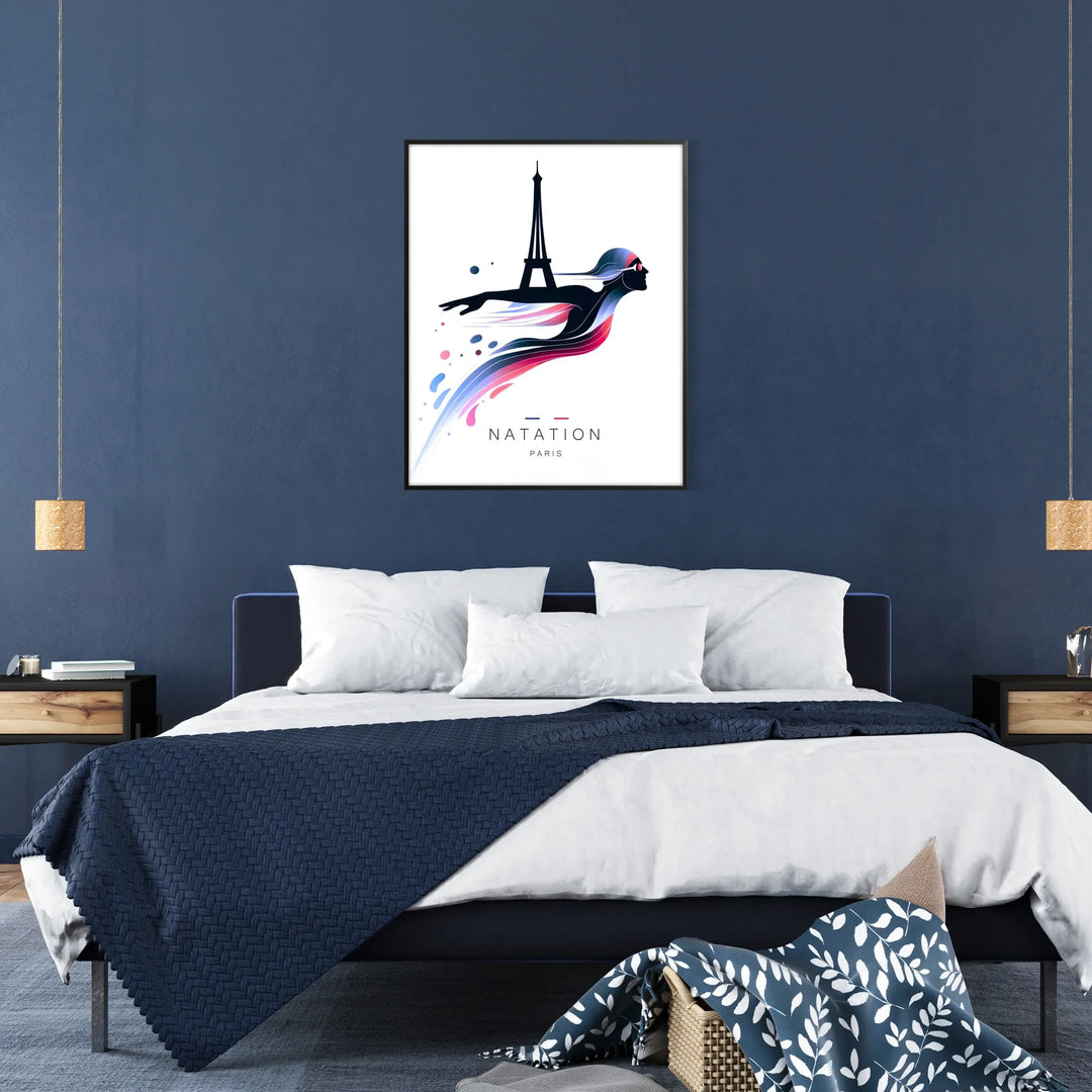 A dynamic swimming scene featuring athletes competing at the Paris Olympics, with blue and green tones. - in a black frame