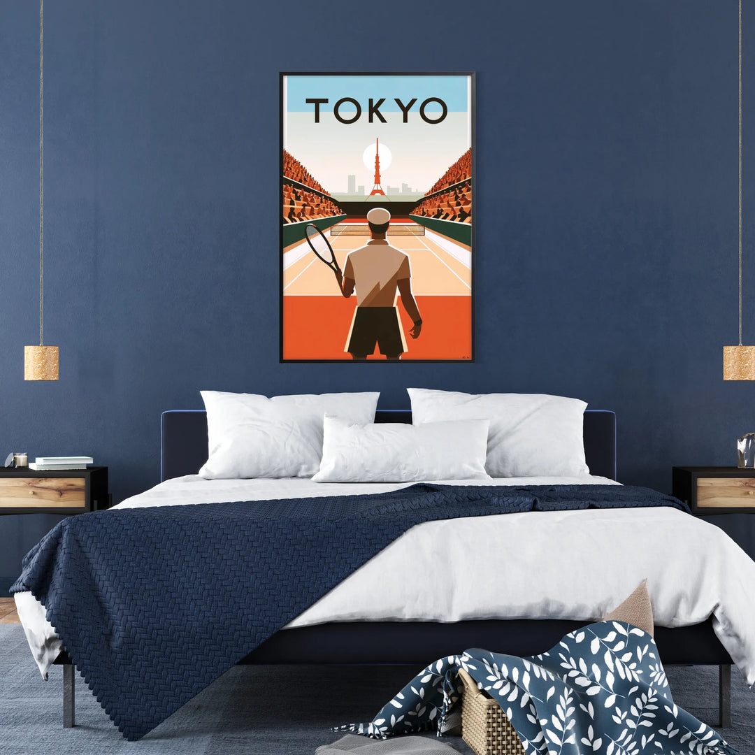Ilustración Art Deco de jugadores de tenis en Tokio - en un marco negro