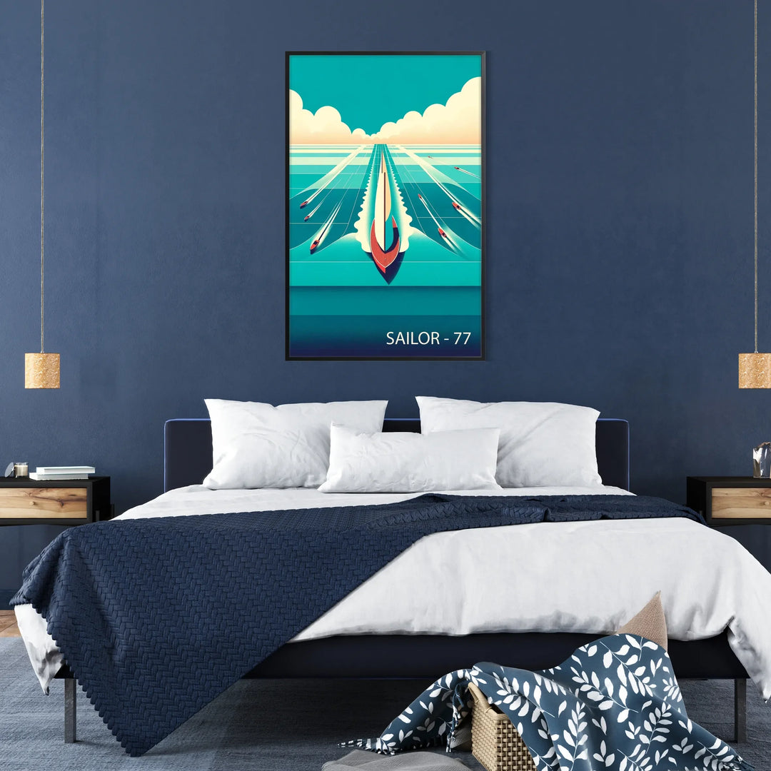 A serene ocean scene featuring sailboats under a blue sky with orange hues. - in a black frame