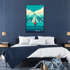 A serene ocean scene featuring sailboats under a blue sky with orange hues. - in a black frame