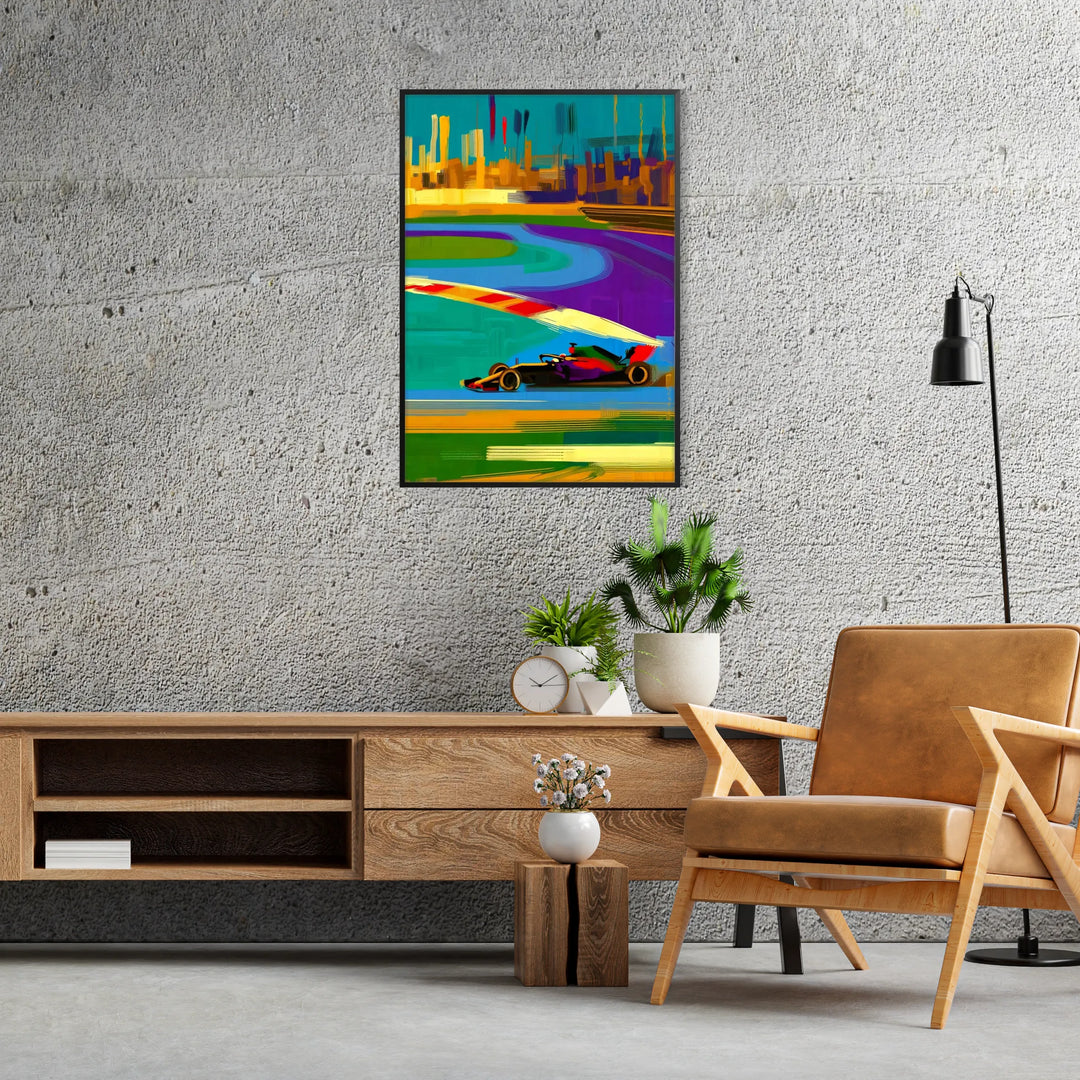 Dynamic Formula 1 car in motion with orange and purple colors - in a black frame
