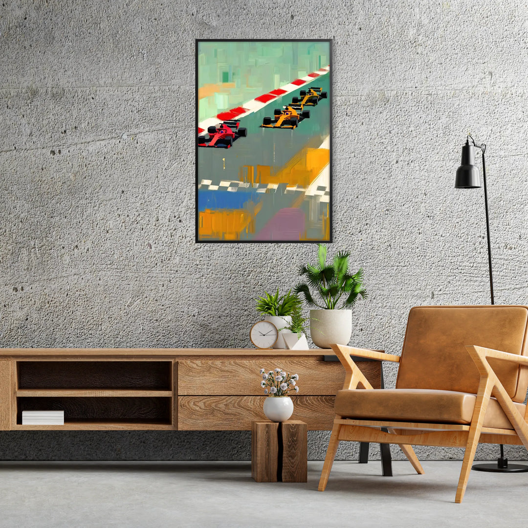 Dynamic Formula 1 car racing on a track with red and white accents - in a black frame