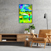 A dynamic golf scene featuring a golfer in mid-swing, with green grass and blue sky. - in a black frame