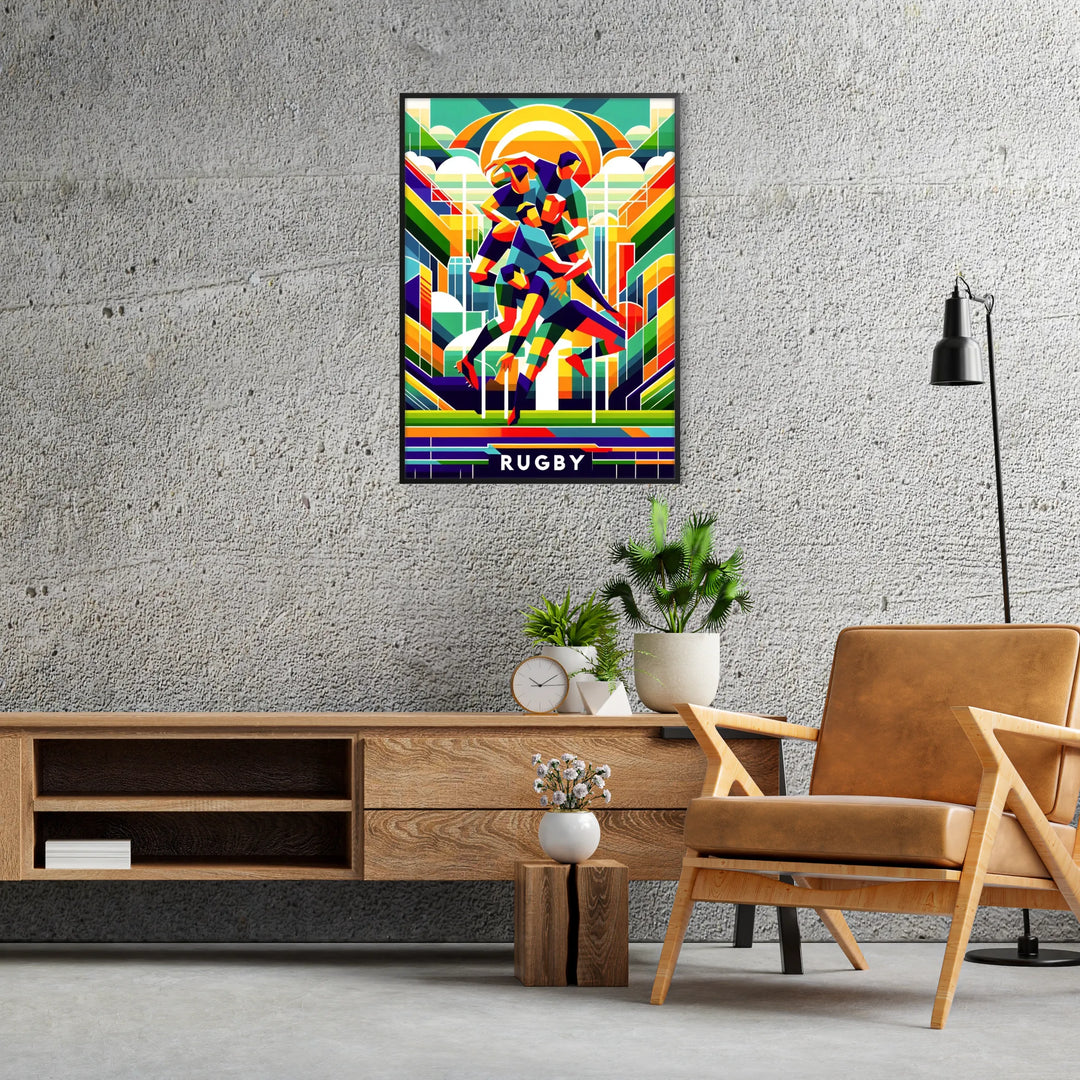 Dynamic rugby player in action, bold colors and energetic lines - in a black frame