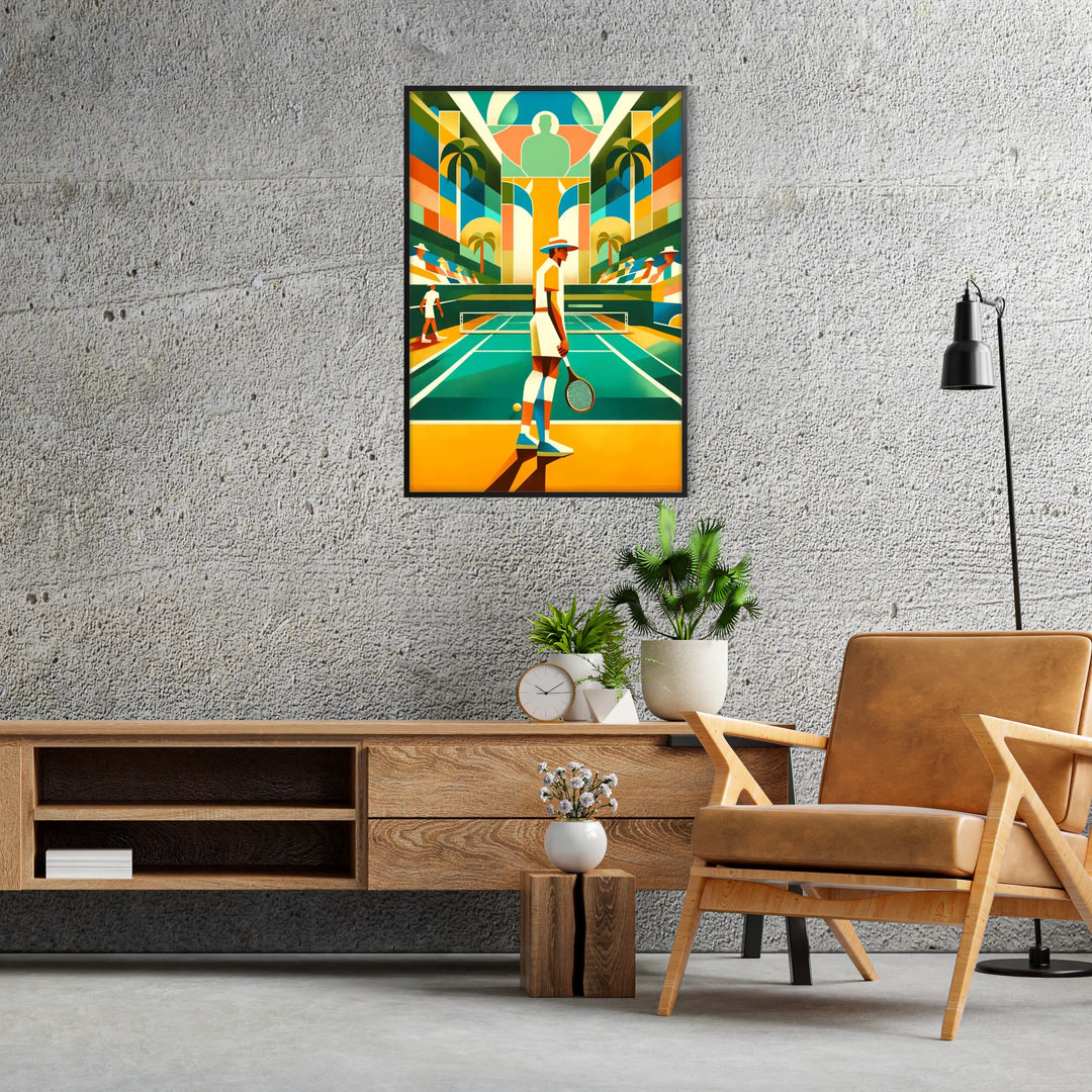 Art Deco style tennis player in action with muted colors - in a black frame