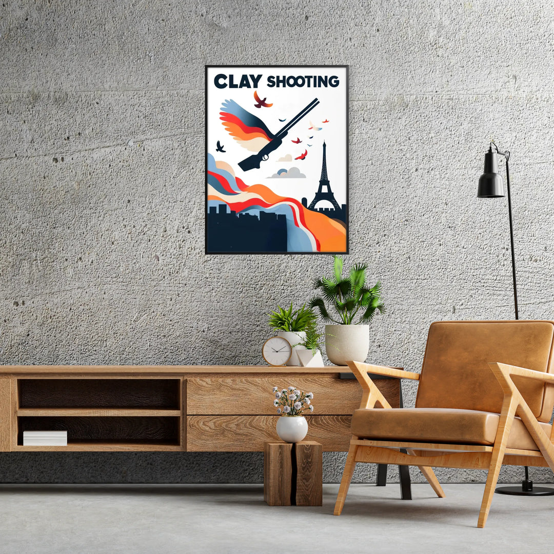 Poster showing ball-trap shooter illustration in dynamic vintage style, Paris - in a black frame