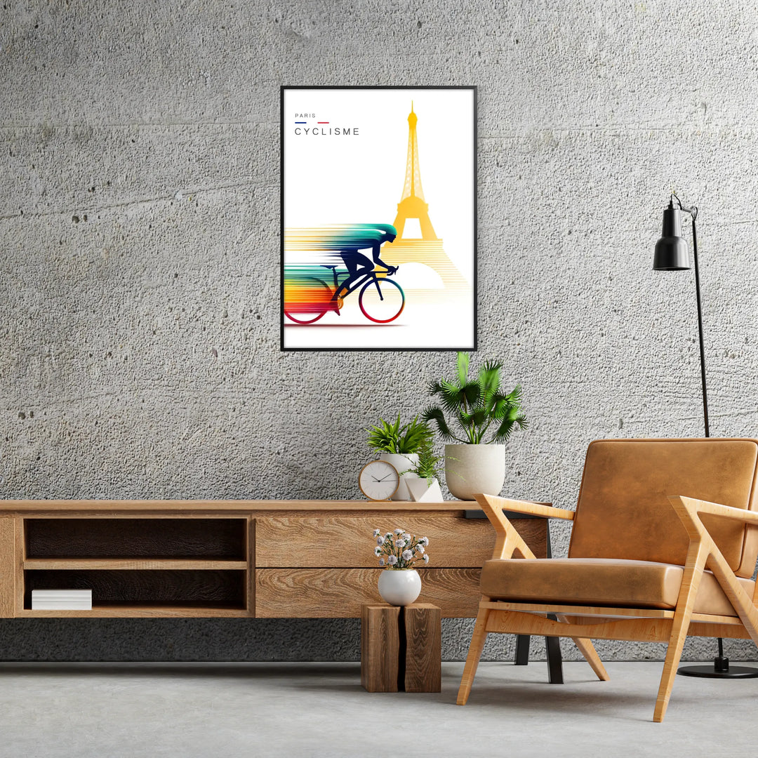 A colorful illustration of bicycles against a Paris skyline - in a black frame