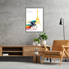 A colorful illustration of bicycles against a Paris skyline - in a black frame