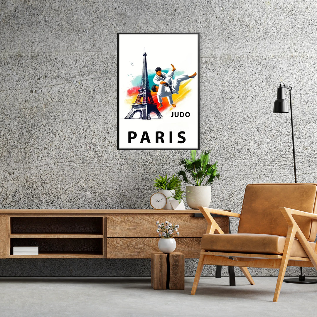 Dynamic judo athletes in action during the Paris Olympics, with bold colors - in a black frame