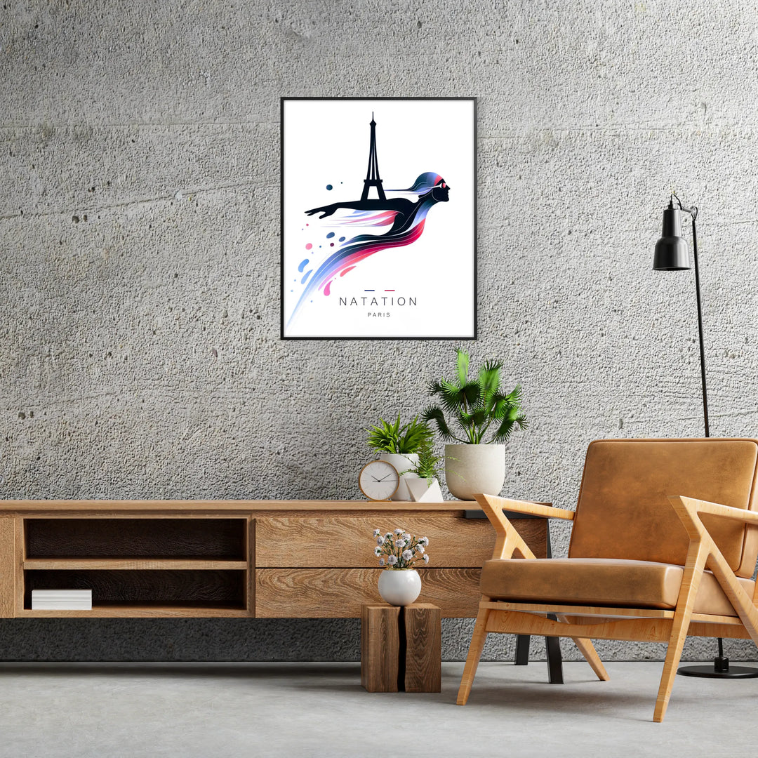 A dynamic swimming scene featuring athletes competing at the Paris Olympics, with blue and green tones. - in a black frame