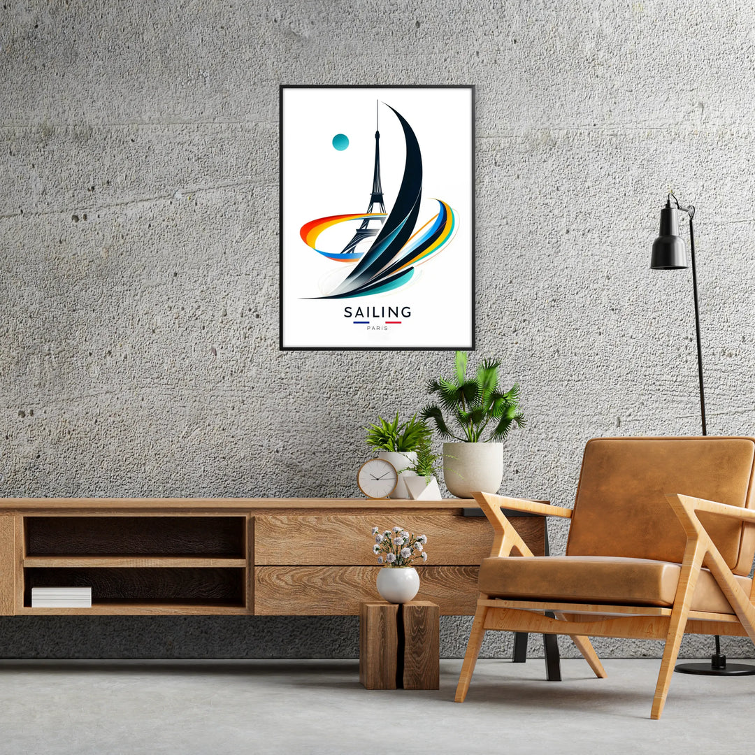 Sailing scene with the Eiffel Tower in the background, colorful and dynamic - in a black frame