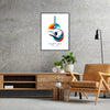 A dynamic surfing scene with bold colors, showcasing athleticism against a Paris backdrop - in a black frame