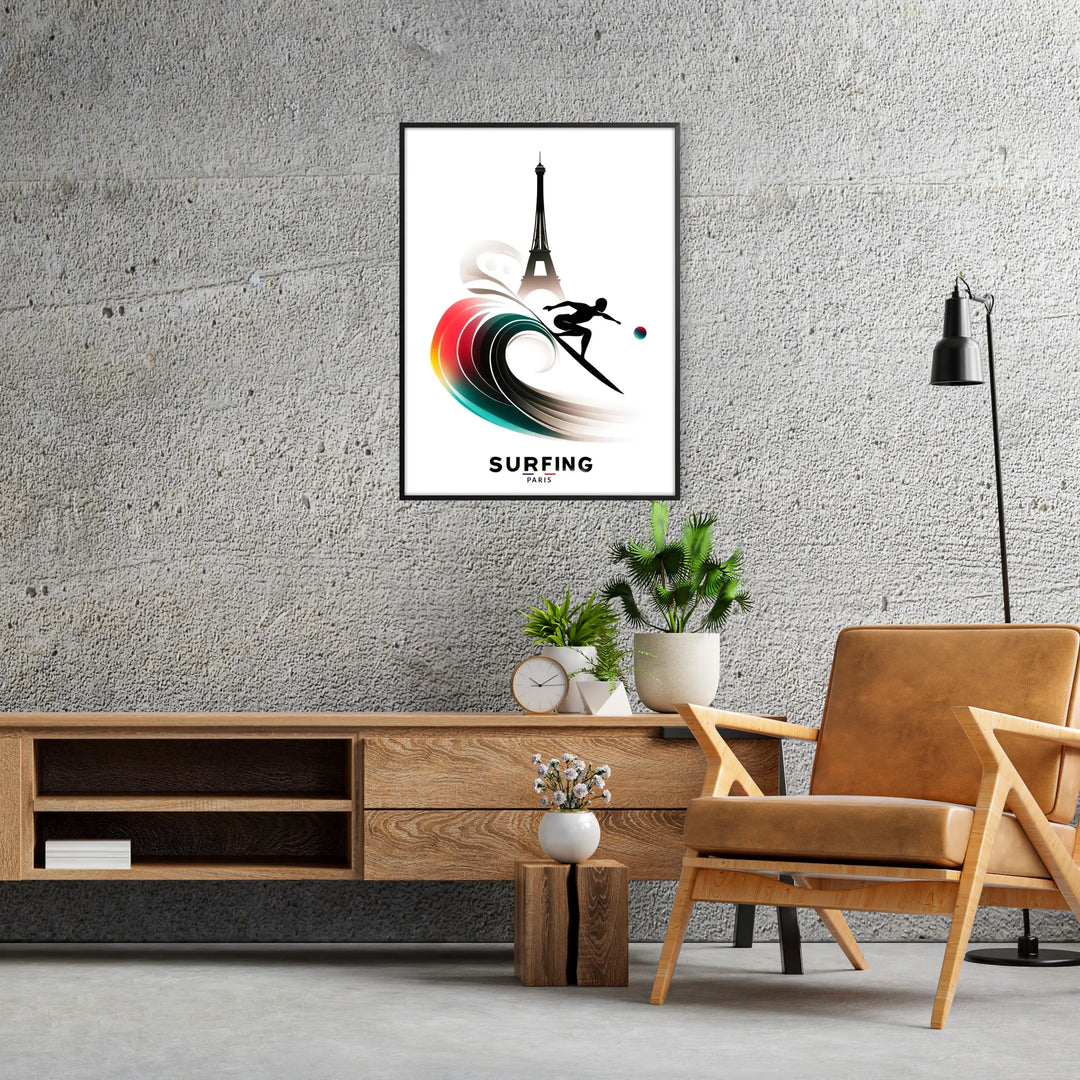 A surfer riding a wave with the Eiffel Tower in the background - in a black frame
