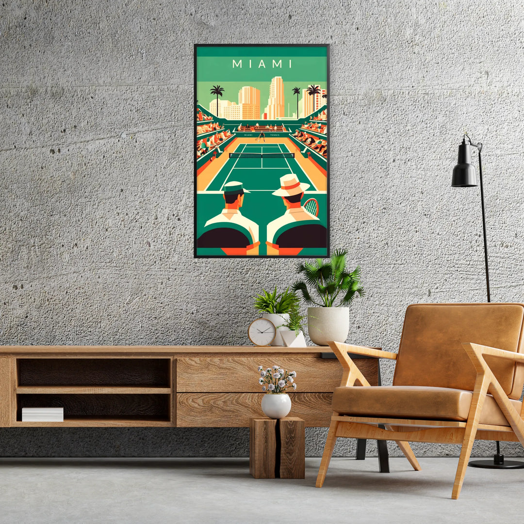 Colorful illustration of tennis players with Miami skyline in the background - in a black frame
