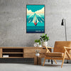 A serene ocean scene featuring sailboats under a blue sky with orange hues. - in a black frame