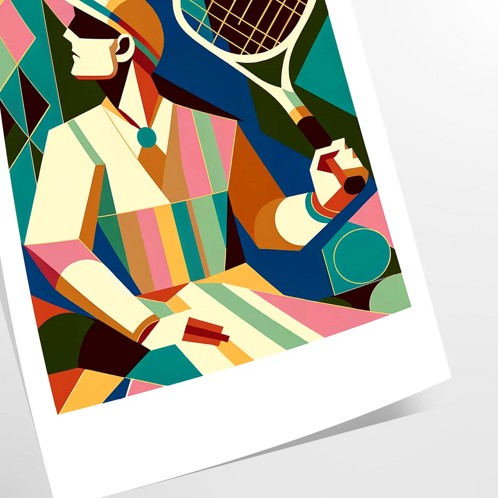 Vintage tennis scene with bold colors and retro typography