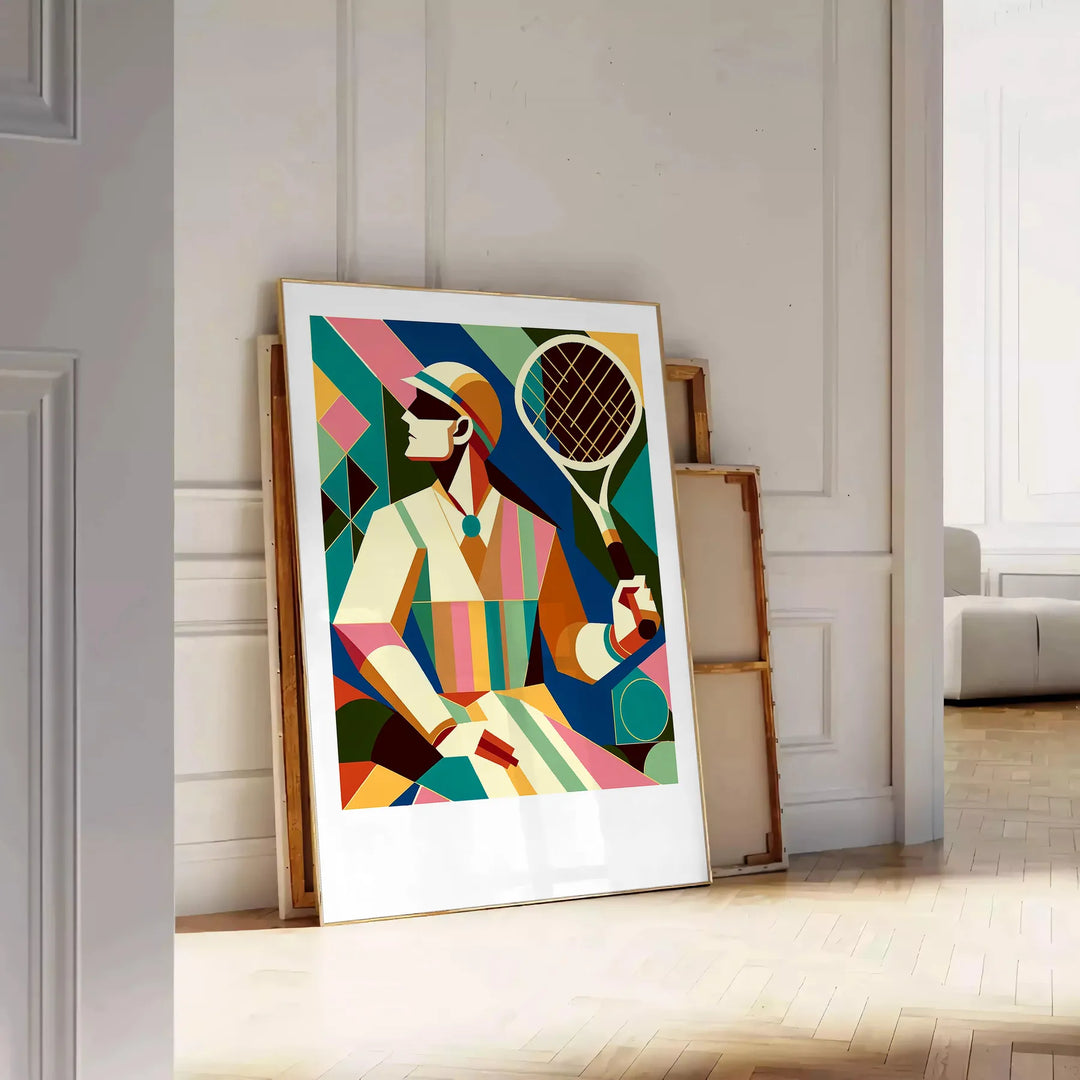 Vintage tennis scene with bold colors and retro typography - leaning on a herringbone floor against a white panelled wall