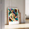 Vintage tennis scene with bold colors and retro typography - leaning on a herringbone floor against a white panelled wall