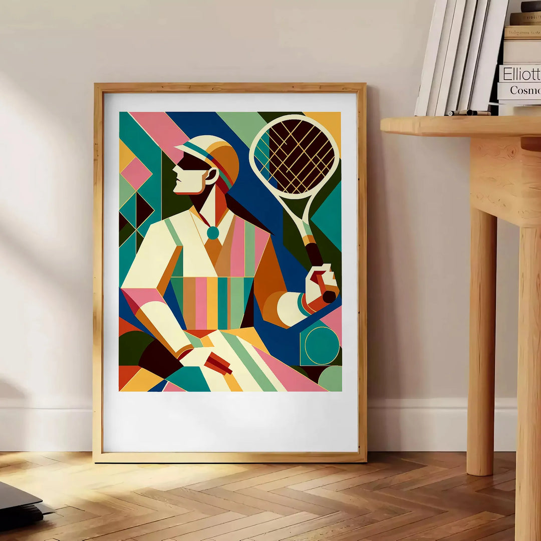 Vintage tennis scene with bold colors and retro typography - beside a round wooden side table with books