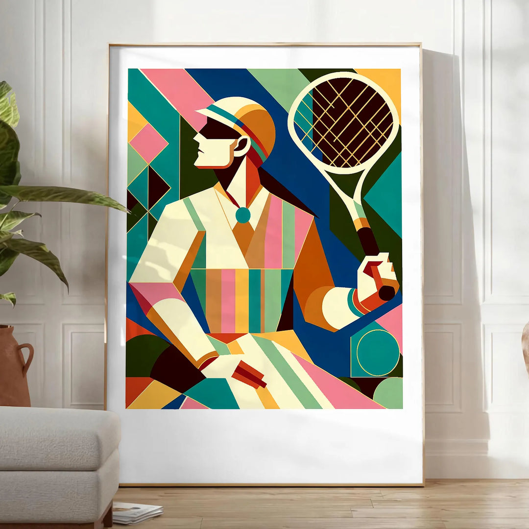 Vintage tennis scene with bold colors and retro typography - in a bright minimalist room with a plant and an armchair