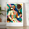 Vintage tennis scene with bold colors and retro typography - in a bright minimalist room with a plant and an armchair